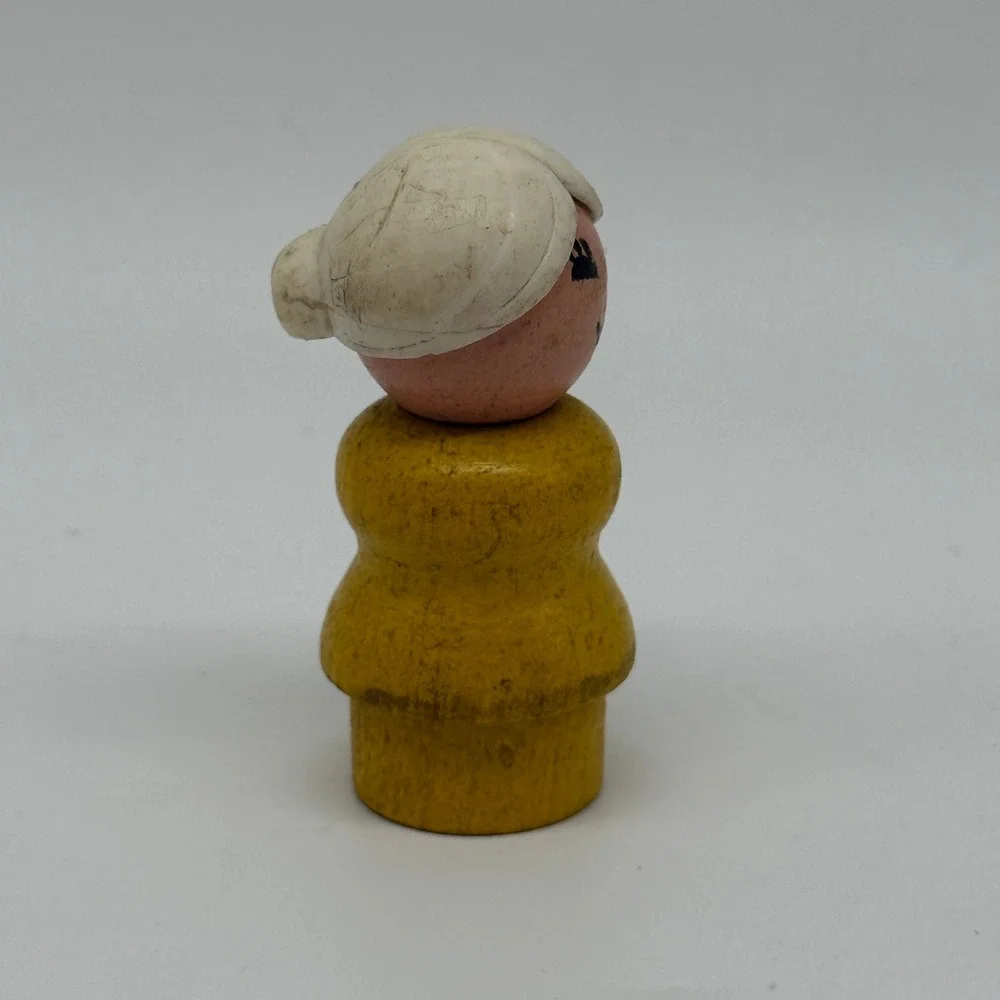 Fisher Price Little People Grandmother Figure All Wood Yellow White Bun Vintage